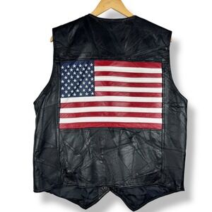 Mens Leather Vest Mens Size Large American Flag Back Snap Front Pockets Biker